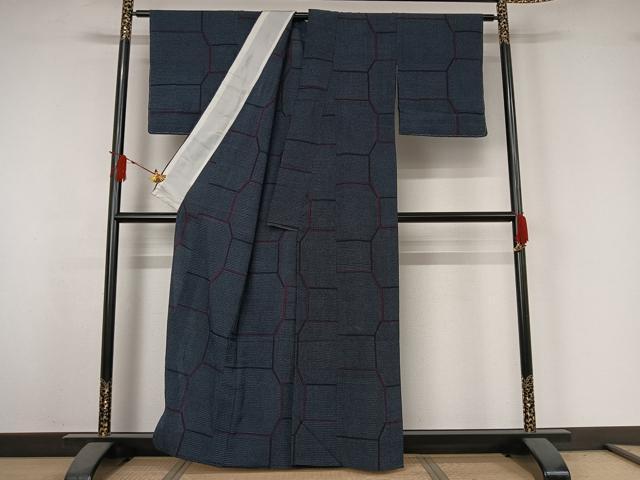 平和屋着物▽本塩沢　単衣　幾何学文様　正絹　逸品　未使用　AABJ3590jh