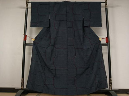 平和屋着物▽本塩沢　単衣　幾何学文様　正絹　逸品　未使用　AABJ3590jh