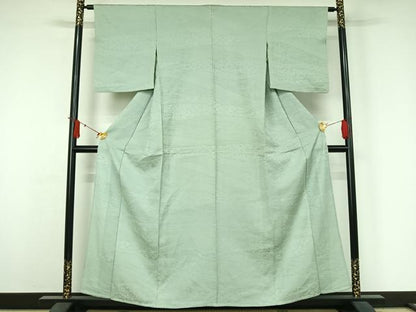 平和屋着物▽上質な色無地　単衣　花唐草文　白緑色　正絹　逸品　AABJ3593jh