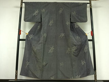 平和屋着物▽上質な小紋　単衣　寿光織　杢目花文　銀糸　正絹　逸品　AABJ3594jh