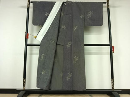 平和屋着物▽上質な小紋　単衣　寿光織　杢目花文　銀糸　正絹　逸品　AABJ3594jh