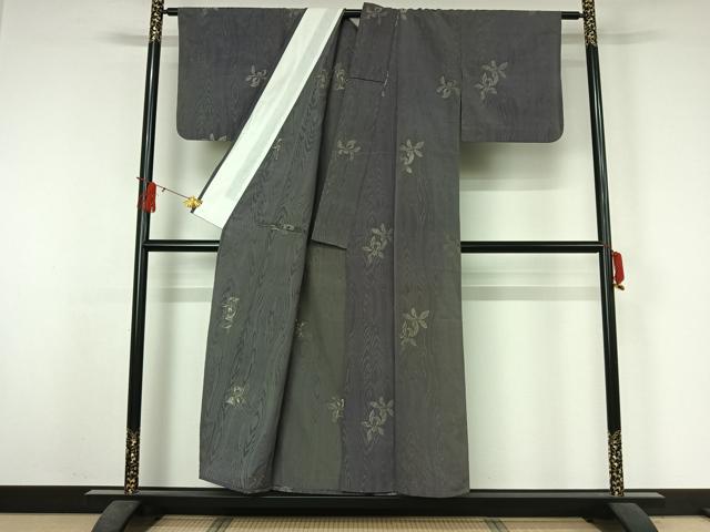 平和屋着物▽上質な小紋　単衣　寿光織　杢目花文　銀糸　正絹　逸品　AABJ3594jh
