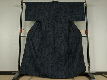 平和屋着物▽結城紬　単衣　80亀甲　よろけ立涌文　正絹　逸品　AABJ3596jh