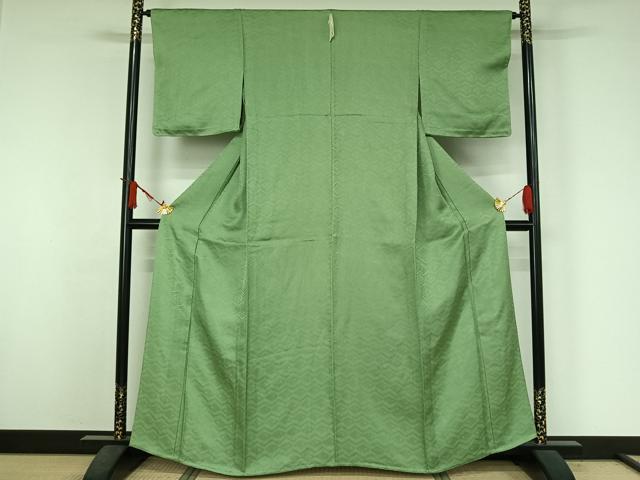 平和屋着物▽上質な色無地　単衣　横段菱地紋　柳色　正絹　逸品　AABJ3598jh