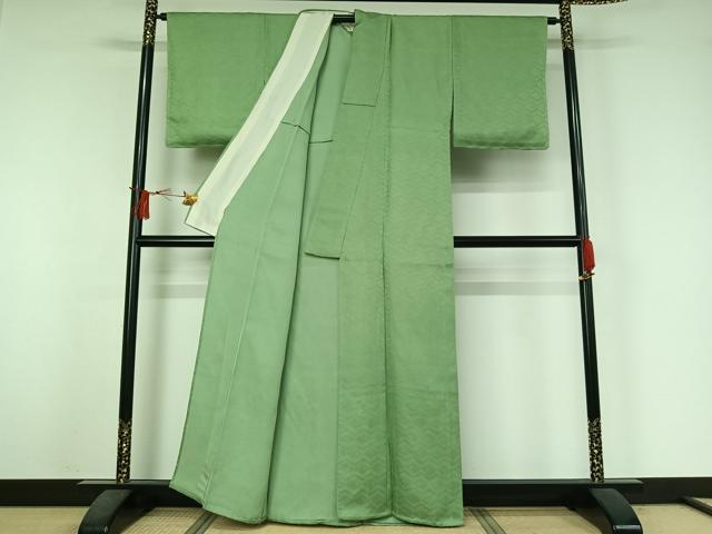 平和屋着物▽上質な色無地　単衣　横段菱地紋　柳色　正絹　逸品　AABJ3598jh