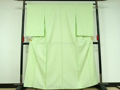 平和屋着物▽色無地　単衣　檜垣地紋　夏虫色　洗える着物　AABJ3599jh