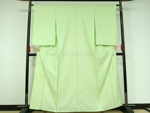 平和屋着物▽色無地　単衣　檜垣地紋　夏虫色　洗える着物　AABJ3599jh