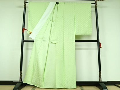 平和屋着物▽色無地　単衣　檜垣地紋　夏虫色　洗える着物　AABJ3599jh