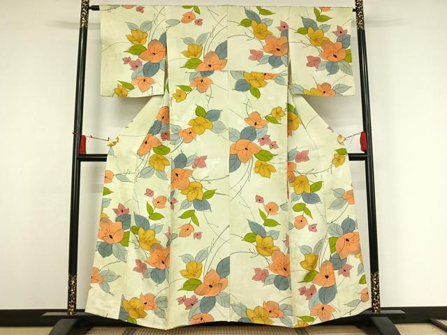平和屋着物▽上質な小紋　単衣　手描き　草花文　正絹　逸品　AABJ3610jh
