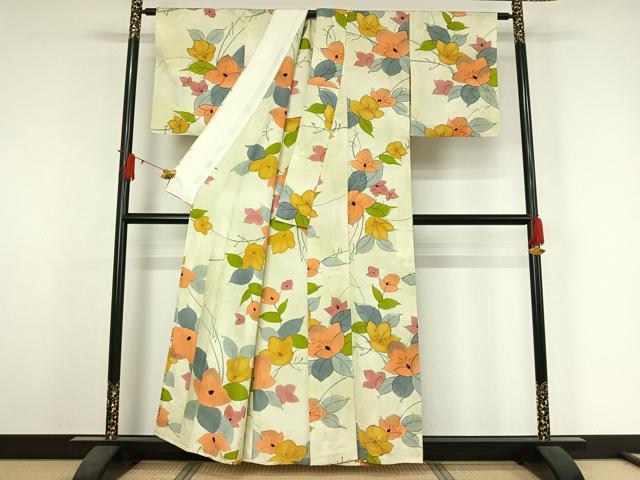 平和屋着物▽上質な小紋　単衣　手描き　草花文　正絹　逸品　AABJ3610jh