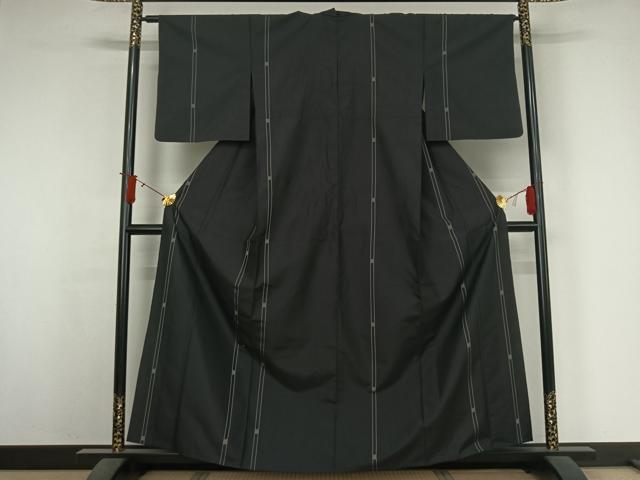 平和屋着物▽上質な紬　単衣　縞　黒地　正絹　逸品　AABJ3618jh