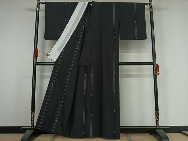 平和屋着物▽上質な紬　単衣　縞　黒地　正絹　逸品　AABJ3618jh