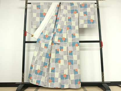 平和屋着物▽上質な紬　単衣　草花文　正絹　逸品　AABJ3622jh