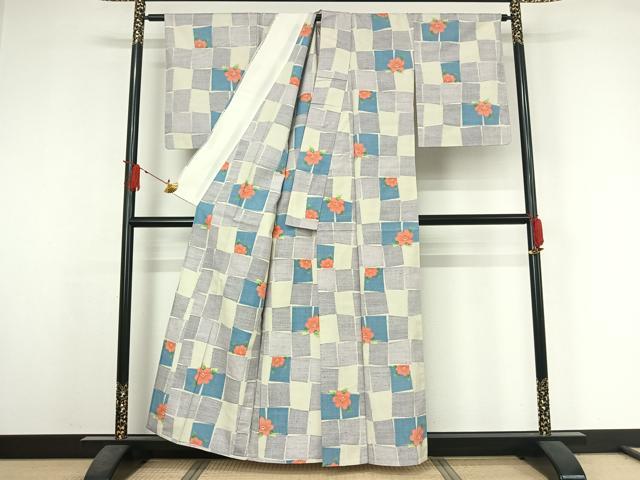 平和屋着物▽上質な紬　単衣　草花文　正絹　逸品　AABJ3622jh