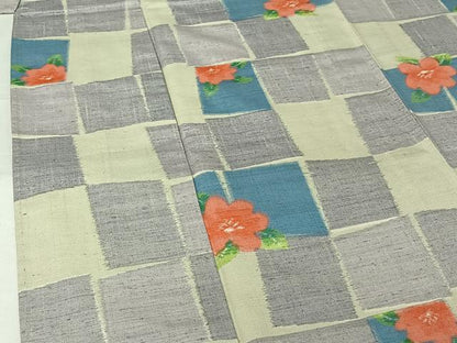 平和屋着物▽上質な紬　単衣　草花文　正絹　逸品　AABJ3622jh