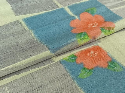 平和屋着物▽上質な紬　単衣　草花文　正絹　逸品　AABJ3622jh