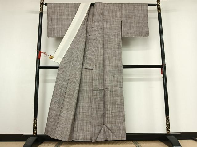 平和屋着物▽上質な紬　単衣　格子　正絹　逸品　AABJ3630jh