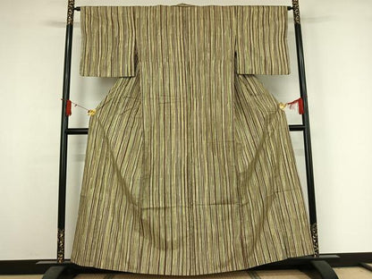 平和屋着物▽上質な小紋　単衣　紬地　縞　正絹　逸品　AABJ3633jh