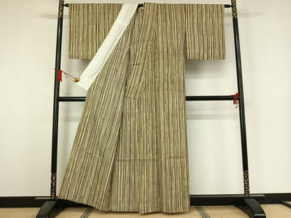 平和屋着物▽上質な小紋　単衣　紬地　縞　正絹　逸品　AABJ3633jh