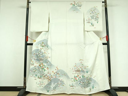平和屋着物▽訪問着　単衣　友禅　刺繍　風景松竹梅文　暈し染め　銀糸　正絹　逸品　AABJ3638jh