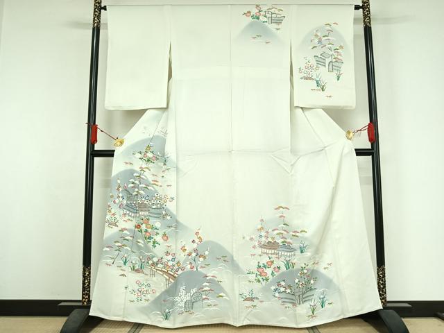平和屋着物▽訪問着　単衣　友禅　刺繍　風景松竹梅文　暈し染め　銀糸　正絹　逸品　AABJ3638jh
