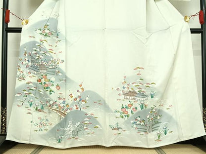 平和屋着物▽訪問着　単衣　友禅　刺繍　風景松竹梅文　暈し染め　銀糸　正絹　逸品　AABJ3638jh