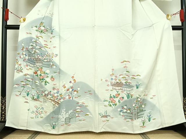 平和屋着物▽訪問着　単衣　友禅　刺繍　風景松竹梅文　暈し染め　銀糸　正絹　逸品　AABJ3638jh