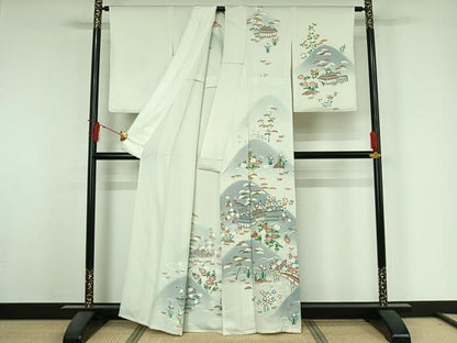 平和屋着物▽訪問着　単衣　友禅　刺繍　風景松竹梅文　暈し染め　銀糸　正絹　逸品　AABJ3638jh