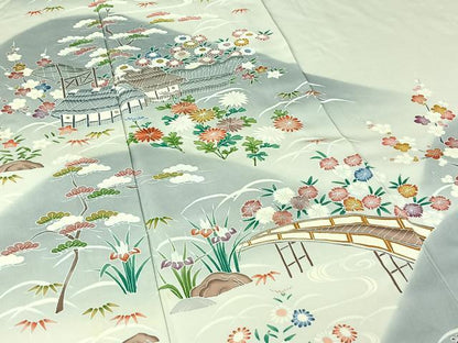 平和屋着物▽訪問着　単衣　友禅　刺繍　風景松竹梅文　暈し染め　銀糸　正絹　逸品　AABJ3638jh
