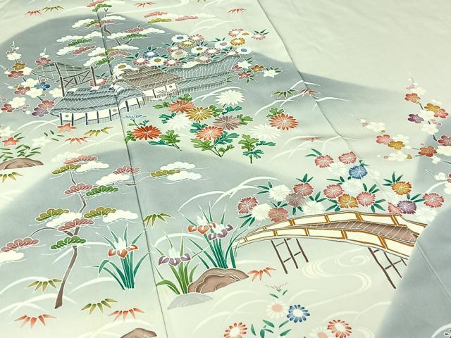 平和屋着物▽訪問着　単衣　友禅　刺繍　風景松竹梅文　暈し染め　銀糸　正絹　逸品　AABJ3638jh