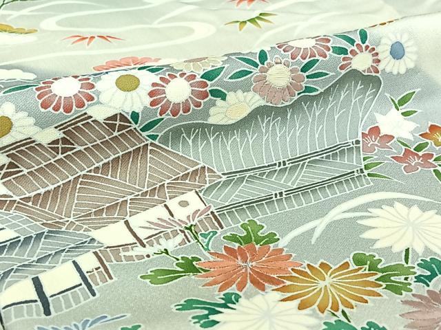 平和屋着物▽訪問着　単衣　友禅　刺繍　風景松竹梅文　暈し染め　銀糸　正絹　逸品　AABJ3638jh