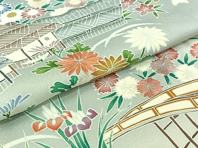 平和屋着物▽訪問着　単衣　友禅　刺繍　風景松竹梅文　暈し染め　銀糸　正絹　逸品　AABJ3638jh