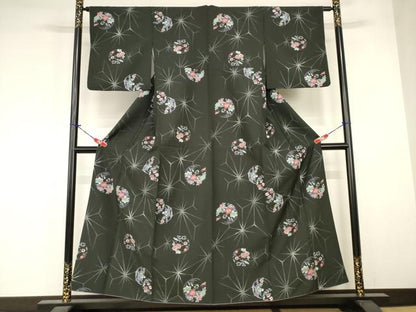 平和屋着物■小紋　花丸文　黒地　洗える着物　AABJ3671br