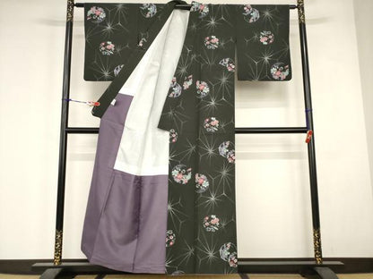 平和屋着物■小紋　花丸文　黒地　洗える着物　AABJ3671br