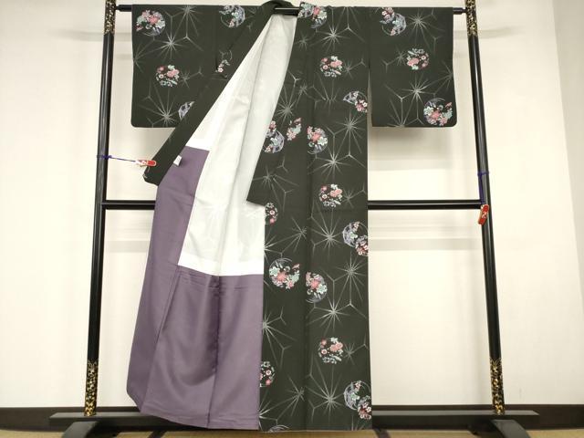 平和屋着物■小紋　花丸文　黒地　洗える着物　AABJ3671br