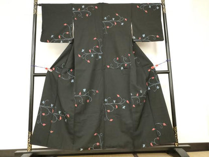 平和屋着物■小紋　花唐草文　黒地　洗える着物　AABJ3674br