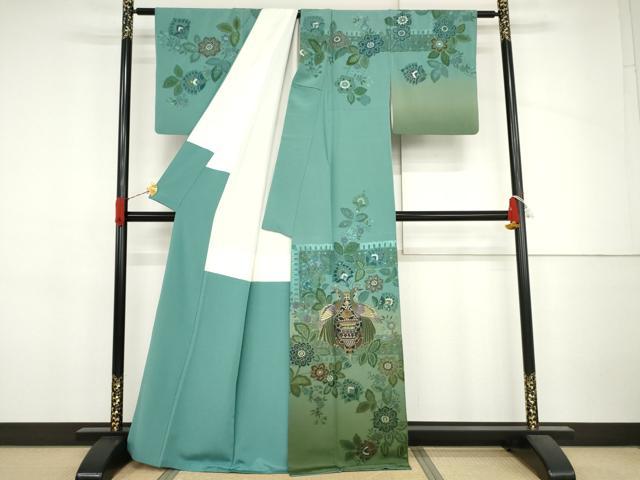 平和屋着物●中国三大刺繍　汕頭刺繍　スワトウ刺繍　相良刺繍　総刺繍　訪問着　孔雀更紗花文　暈し染め　金糸　正絹　逸品　AABJ3692cs
