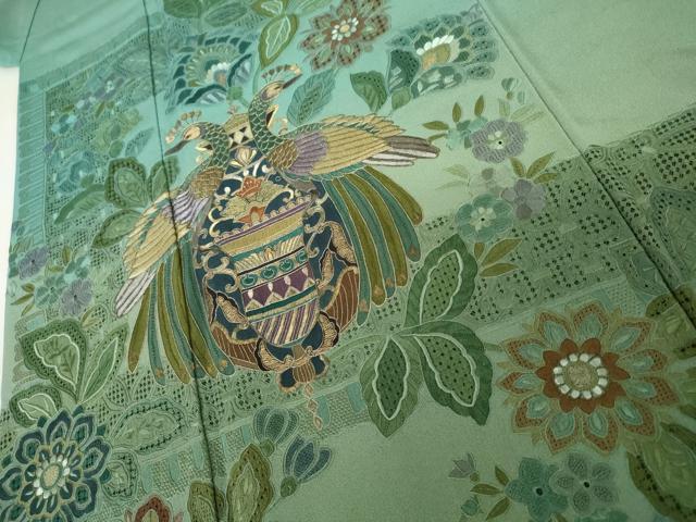 平和屋着物●中国三大刺繍　汕頭刺繍　スワトウ刺繍　相良刺繍　総刺繍　訪問着　孔雀更紗花文　暈し染め　金糸　正絹　逸品　AABJ3692cs