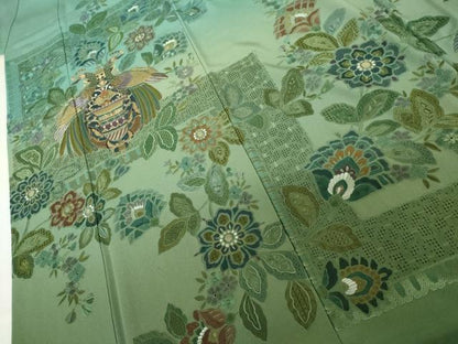 平和屋着物●中国三大刺繍　汕頭刺繍　スワトウ刺繍　相良刺繍　総刺繍　訪問着　孔雀更紗花文　暈し染め　金糸　正絹　逸品　AABJ3692cs