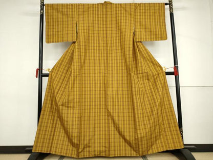 平和屋着物●本場黄八丈　平織　紬　格子　正絹　逸品　AABJ3694cs