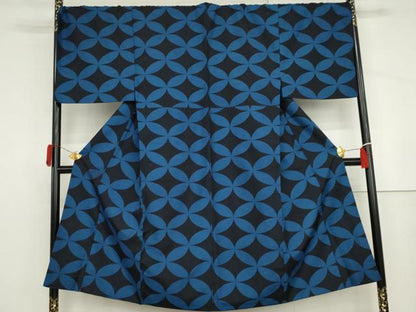 平和屋着物●森英恵・HANAE MORI　男性　小紋　七宝文　黒地　洗える着物　AABJ3707cs