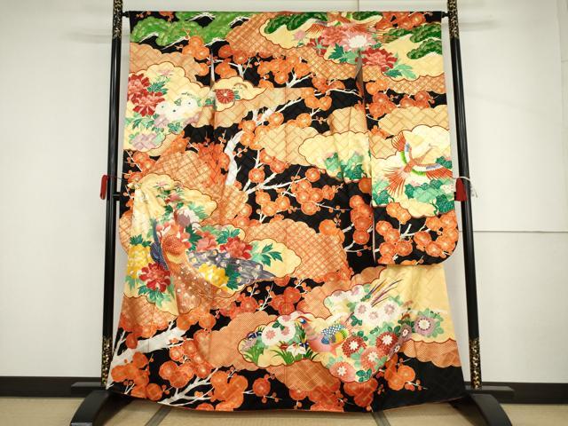 平和屋着物●豪華振袖　駒刺繍　孔雀梅松文　黒地　金糸　金彩　正絹　逸品　AABJ3718cs