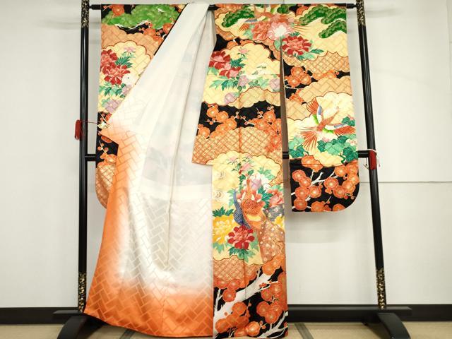 平和屋着物●豪華振袖　駒刺繍　孔雀梅松文　黒地　金糸　金彩　正絹　逸品　AABJ3718cs