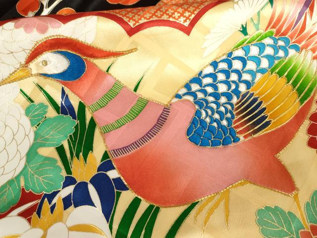 平和屋着物●豪華振袖　駒刺繍　孔雀梅松文　黒地　金糸　金彩　正絹　逸品　AABJ3718cs