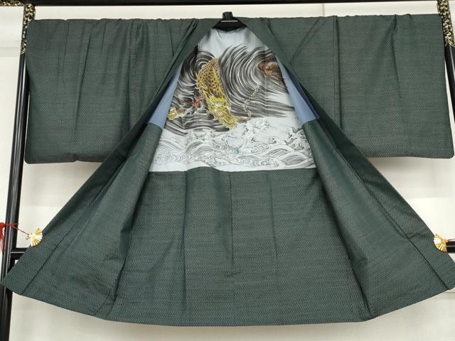 平和屋着物●男性　本場大島紬　アンサンブル　亀甲絣　富山矩靖作　羽裏：龍　キングサイズ　正絹　逸品　AABJ3727cs
