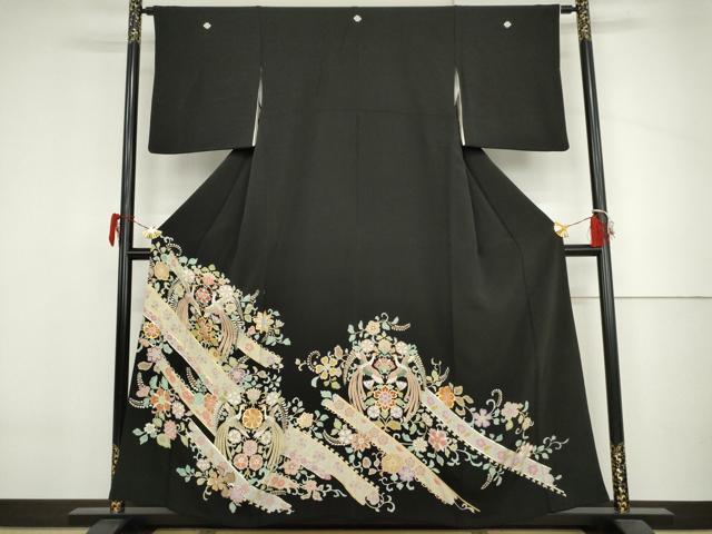 平和屋着物●豪華黒留袖　刺繍　鳳凰更紗花文　金糸　金彩　正絹　逸品　AABJ3729cs