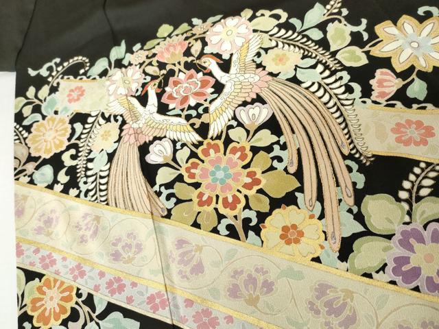 平和屋着物●豪華黒留袖　刺繍　鳳凰更紗花文　金糸　金彩　正絹　逸品　AABJ3729cs