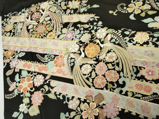 平和屋着物●豪華黒留袖　刺繍　鳳凰更紗花文　金糸　金彩　正絹　逸品　AABJ3729cs
