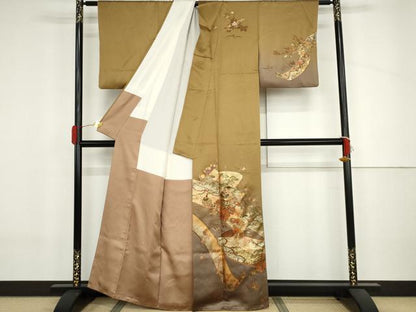 平和屋着物●漆工芸作家　金森一博　訪問着　絵巻風景花蝶文　暈し染め　金彩　正絹　逸品　AABJ3730cs