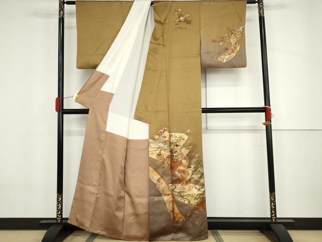 平和屋着物●漆工芸作家　金森一博　訪問着　絵巻風景花蝶文　暈し染め　金彩　正絹　逸品　AABJ3730cs